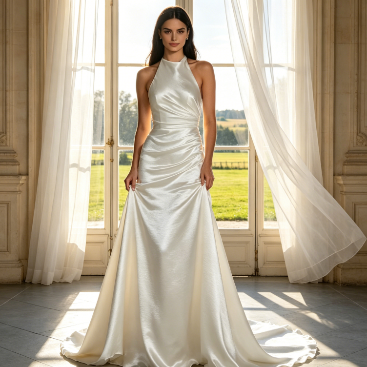 Elegante Neckholder-Robe aus Satin – Figurbetontes Maxikleid für exklusive Events