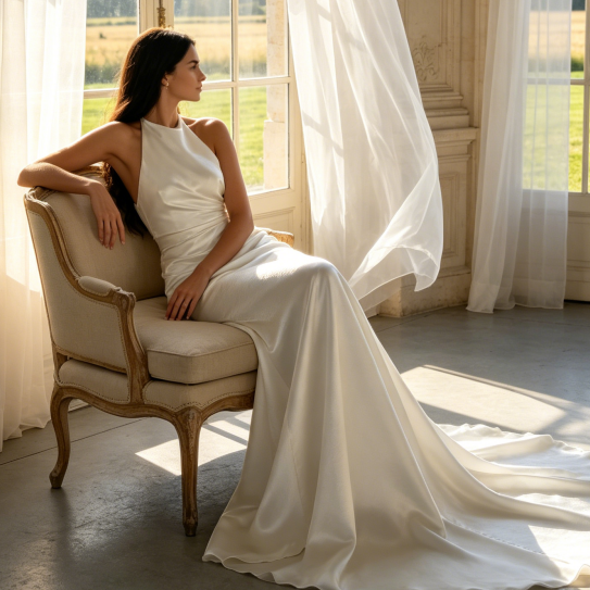Elegante Neckholder-Robe aus Satin – Figurbetontes Maxikleid für exklusive Events