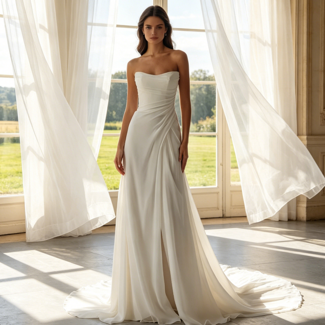 Minimalistische Satin-Robe mit Beinschlitz – Elegantes Corsagen-Maxikleid in Elfenbein