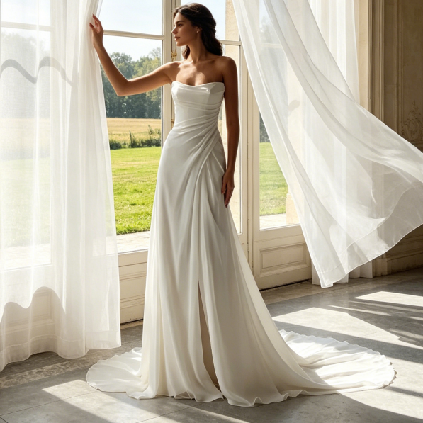 Minimalistische Satin-Robe mit Beinschlitz – Elegantes Corsagen-Maxikleid in Elfenbein