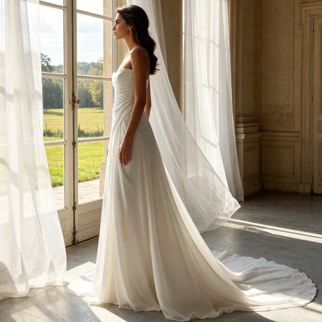 Minimalistische Satin-Robe mit Beinschlitz – Elegantes Corsagen-Maxikleid in Elfenbein