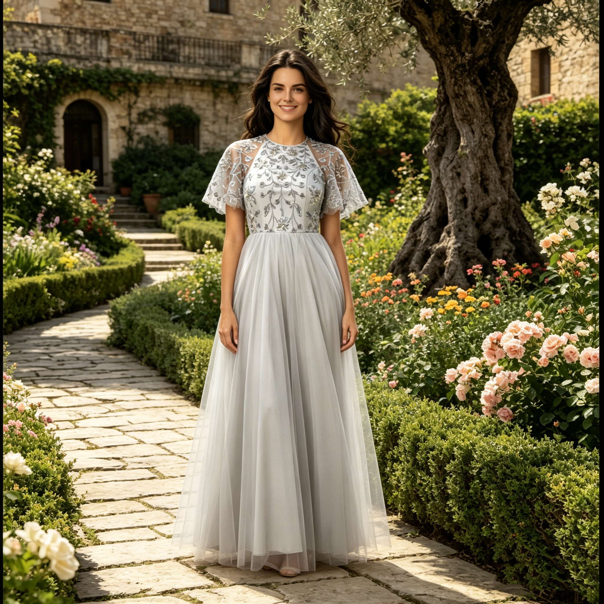 Elegantes Maxikleid in Grau – A-Linien Rundhalsausschnitt und Ärmeln
