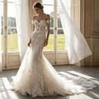 Off-Shoulder Abendkleid mit floralen Spitze-Applikationen – Meerjungfrau-Schnitt mit Schleppe