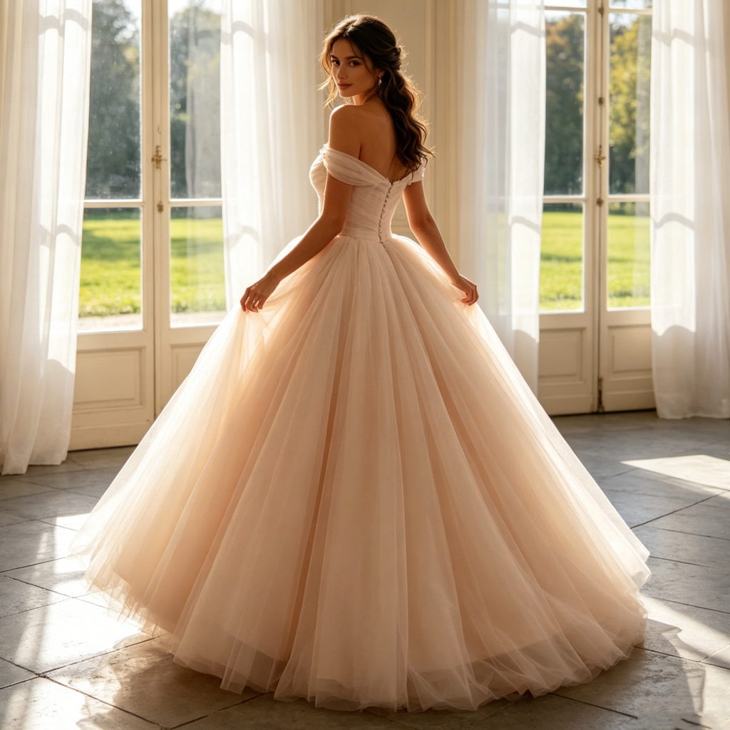 Damen Bodenlanges Abendkleid Champagne Off-Shoulder Tüll-Ballkleid mit Herz-Ausschnitt