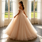 Damen Bodenlanges Abendkleid Champagne Off-Shoulder Tüll-Ballkleid mit Herz-Ausschnitt
