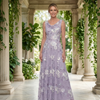 Exquisites Abendkleid in Lavendel mit Pailletten – Bodenlanges Tüllkleid mit Floralem Muster – Elegante Abendrobe für Formelle Anlässe