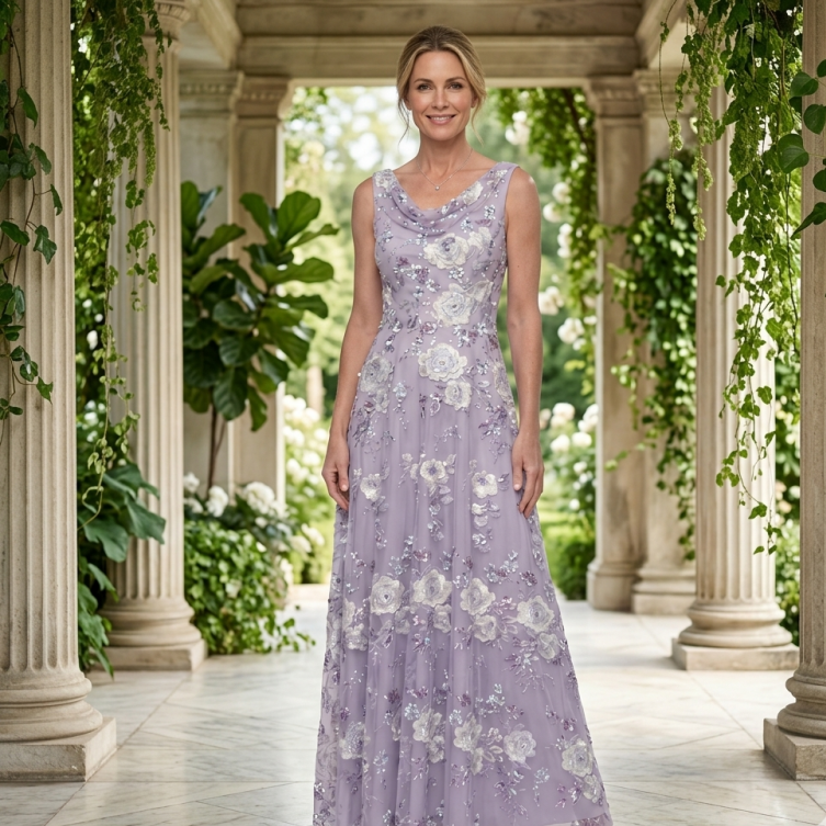Exquisites Abendkleid in Lavendel mit Pailletten – Bodenlanges Tüllkleid mit Floralem Muster – Elegante Abendrobe für Formelle Anlässe