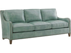 Twin Palms Koko 3-Seat Blue Leather Sofa with Old Brass Nailhead Trim