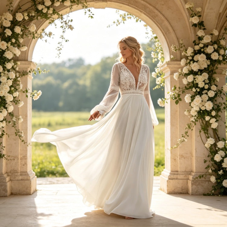 Modernes zweiteiliges A-Linie Maxikleid in Weiß mit Langarm-Top und floralem Rock