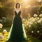 Luxuriöses Abendkleid in Dunkelgrün mit Pailletten, Spitze und tiefem V-Ausschnitt