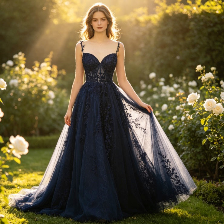 Exklusives Abendkleid in Mitternachtsblau mit glitzernder Spitze und V-Ausschnitt