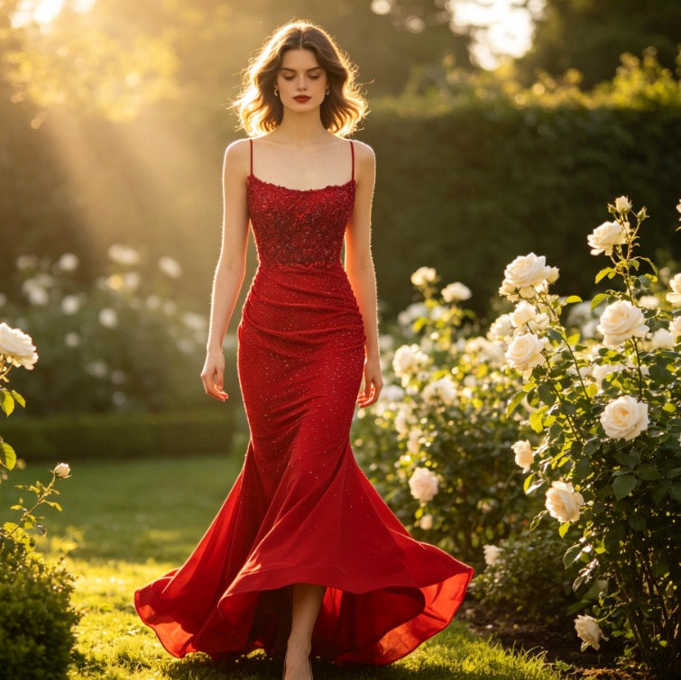 Atemberaubendes Abendkleid in Feuerrot mit Pailletten-Spitze und Mermaid-Schnitt