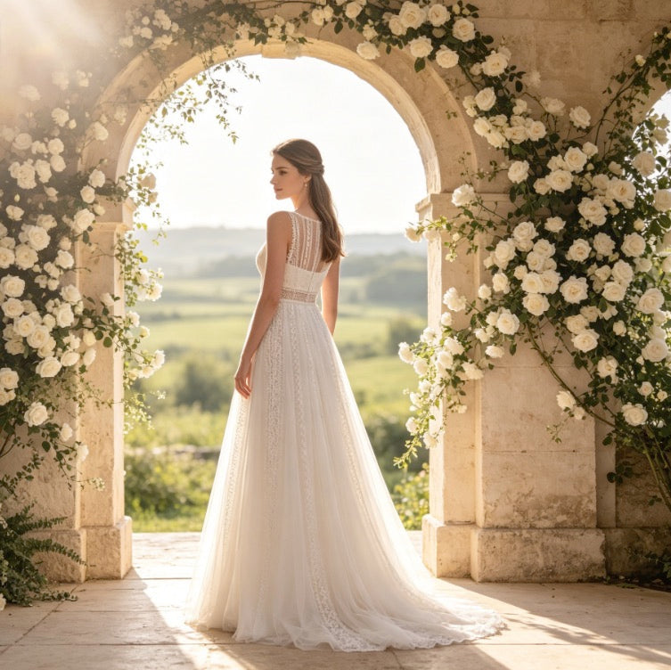 Edles Maxikleid in Elfenbein mit Boho-Spitze, Rundhals und fließender A-Linie