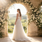 Edles Maxikleid in Elfenbein mit Boho-Spitze, Rundhals und fließender A-Linie