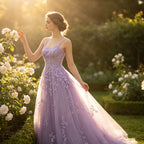 Romantisches Abendkleid in Flieder mit floraler Spitze und glitzernden Pailletten