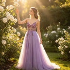 Traumhaftes Abendkleid in Lavendel-Lila mit glitzernden Steinen und Tüllrock