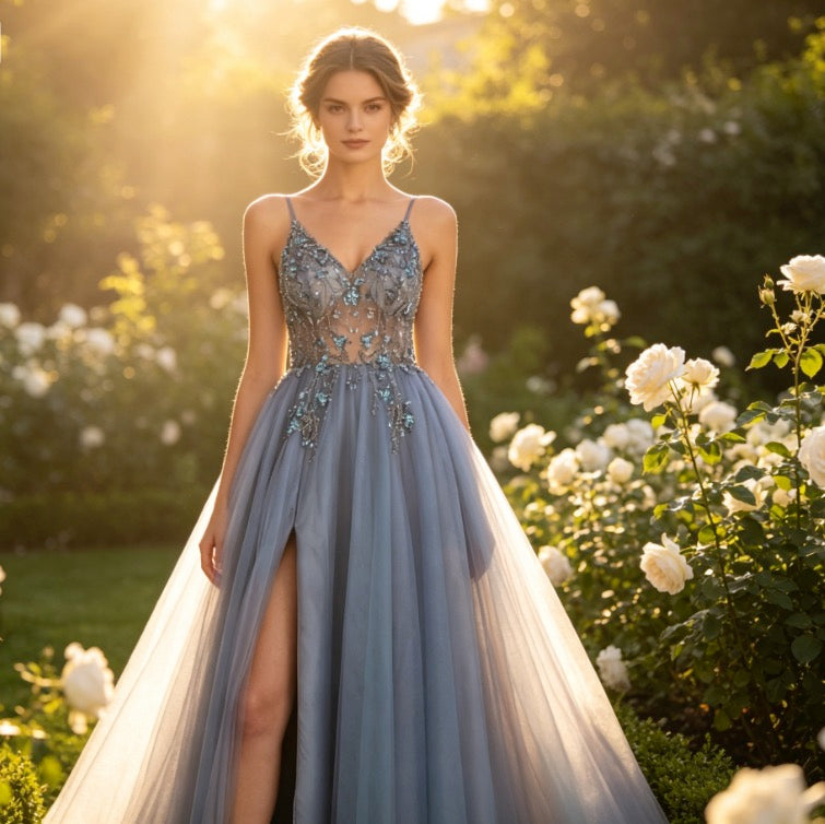 Luxuriöses Abendkleid in Graublau mit funkelnden Kristallen und hohem Beinschlitz