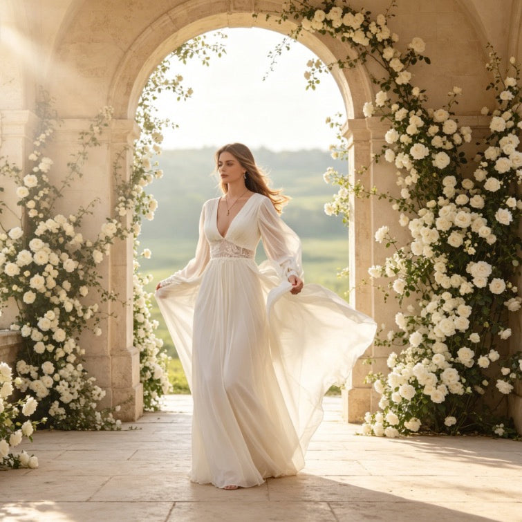 Elegantes Maxikleid in Weiß mit tiefem V-Ausschnitt, Boho-Spitze und weiten Ärmeln