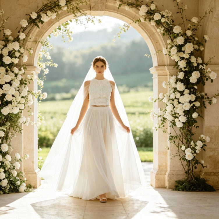 Elegantes Maxikleid in Elfenbein mit floraler Spitze, V-Ausschnitt und weiter A-Linie
