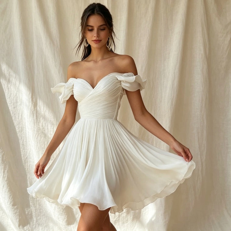 Elegantes Cocktailkleid in Weiß mit Off-Shoulder-Ausschnitt, Plissee und A-Linie-Schnitt