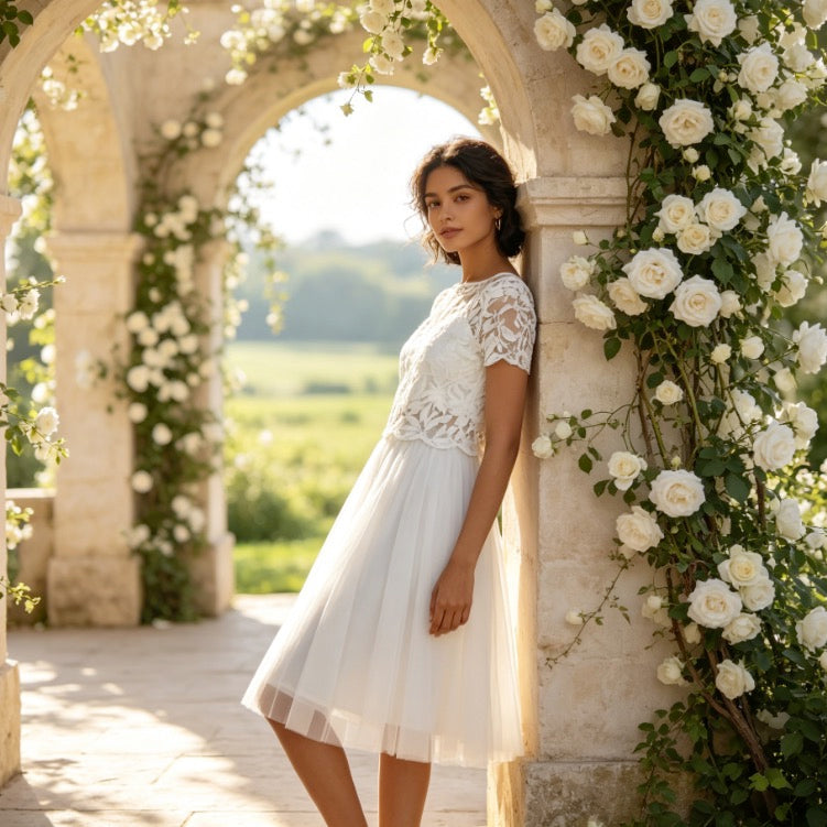 Elegantes zweiteiliges Kleid in Weiß mit Spitzen-Top und luftigem Tüllrock