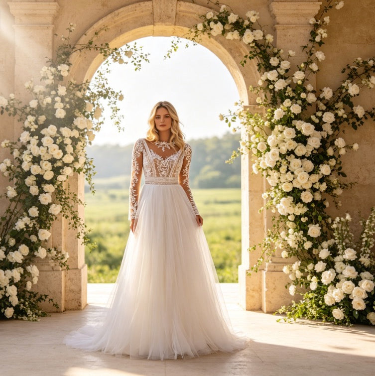 Exquisites Maxikleid in Elfenbein mit Boho-Spitze, Rundhals und weiter A-Linie