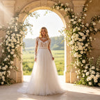 Exquisites Maxikleid in Elfenbein mit Boho-Spitze, Rundhals und weiter A-Linie