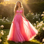 Glamouröses Abendkleid in leuchtendem Pink mit Off-Shoulder und 3D-Spitzenbesatz