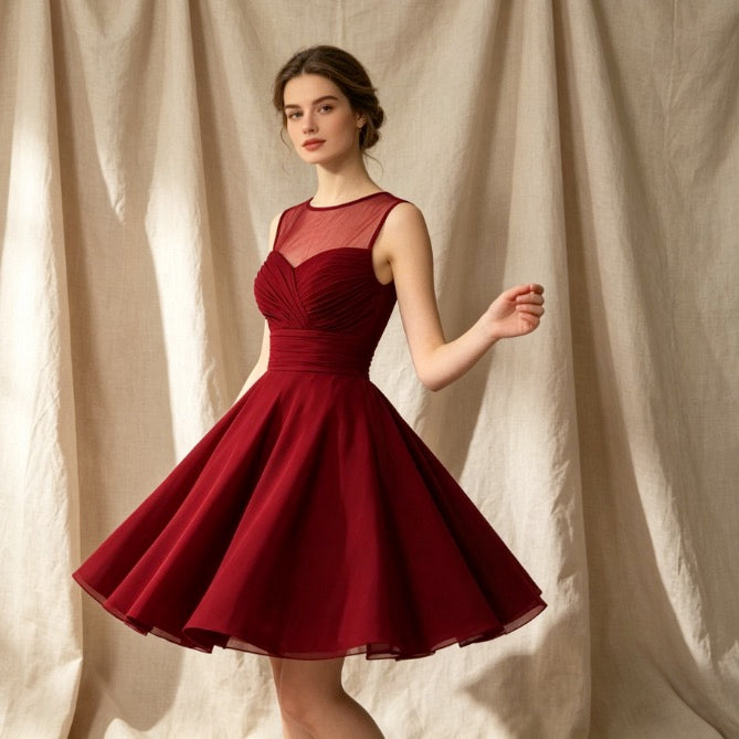 Elegantes Cocktailkleid in Dunkelrot mit Herz-Illusion-Ausschnitt und fließender A-Linie