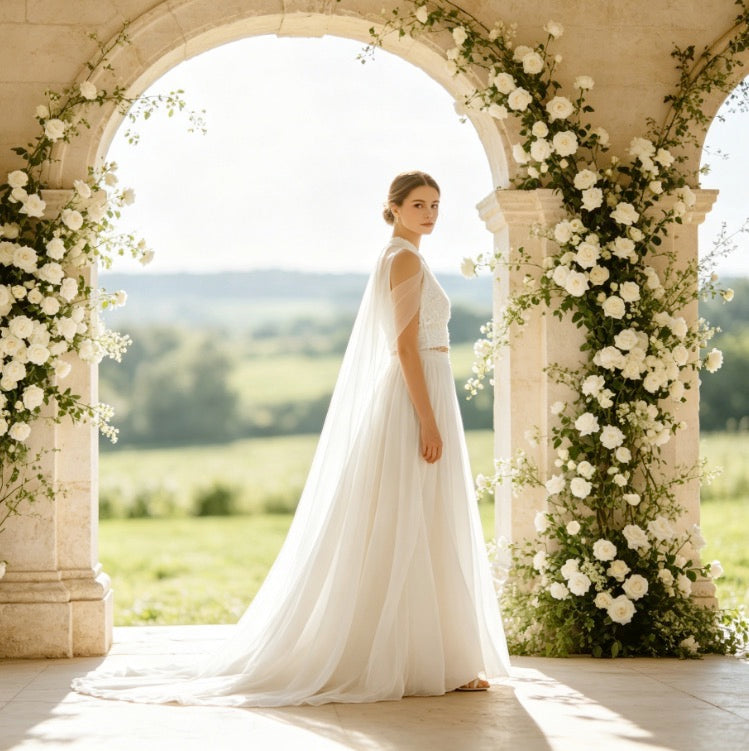 Elegantes Maxikleid in Elfenbein mit floraler Spitze, V-Ausschnitt und weiter A-Linie