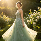 Elegantes Abendkleid in Salbeigrün mit glitzernder Spitze und tiefem V-Ausschnitt