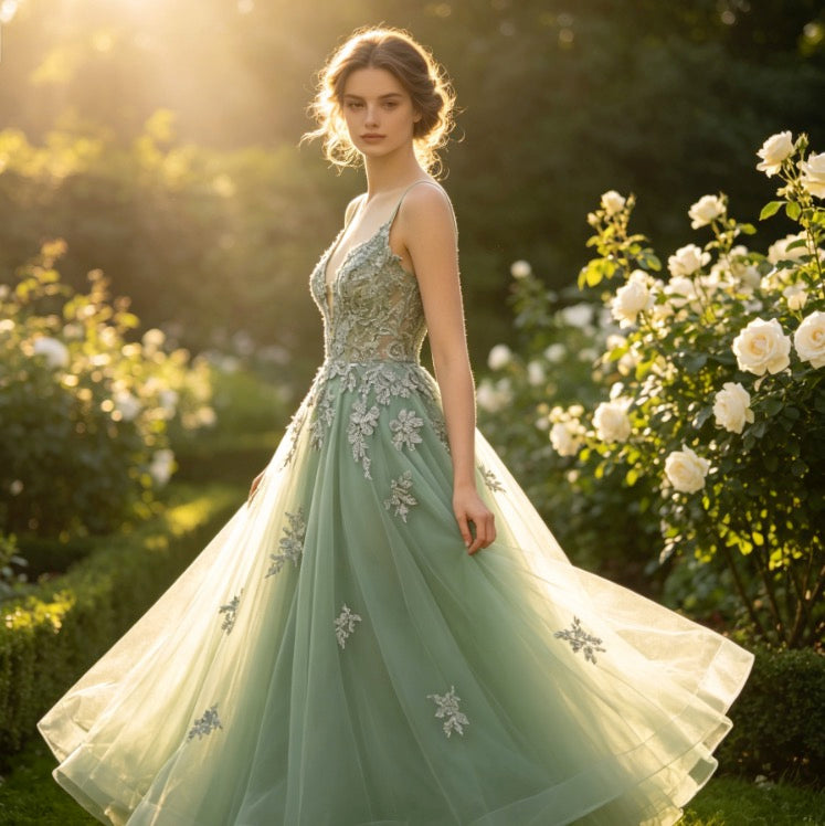 Elegantes Abendkleid in Salbeigrün mit glitzernder Spitze und tiefem V-Ausschnitt