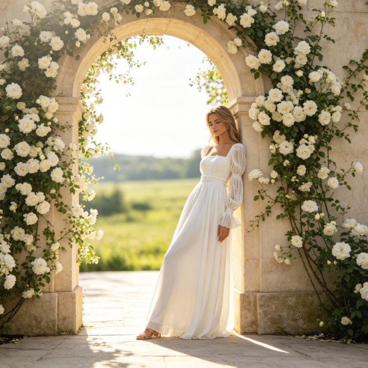 Elegantes Maxikleid in Elfenbein mit Karree-Ausschnitt, Ballonärmeln und Boho-Design