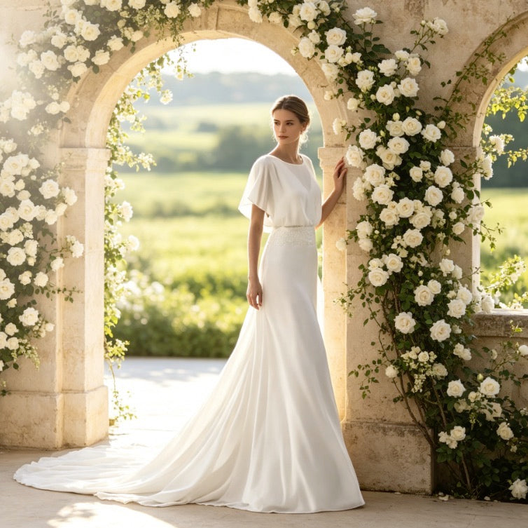 Elegantes Maxikleid in Weiß mit Rundhals, Spitzen-Taille und fließender A-Linie