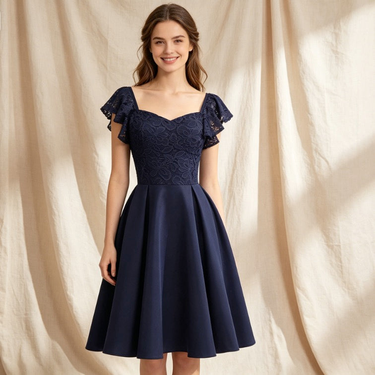 Edles Cocktailkleid in Dunkelblau mit Herz-Ausschnitt, Spitzen-Oberteil und A-Linie-Rock