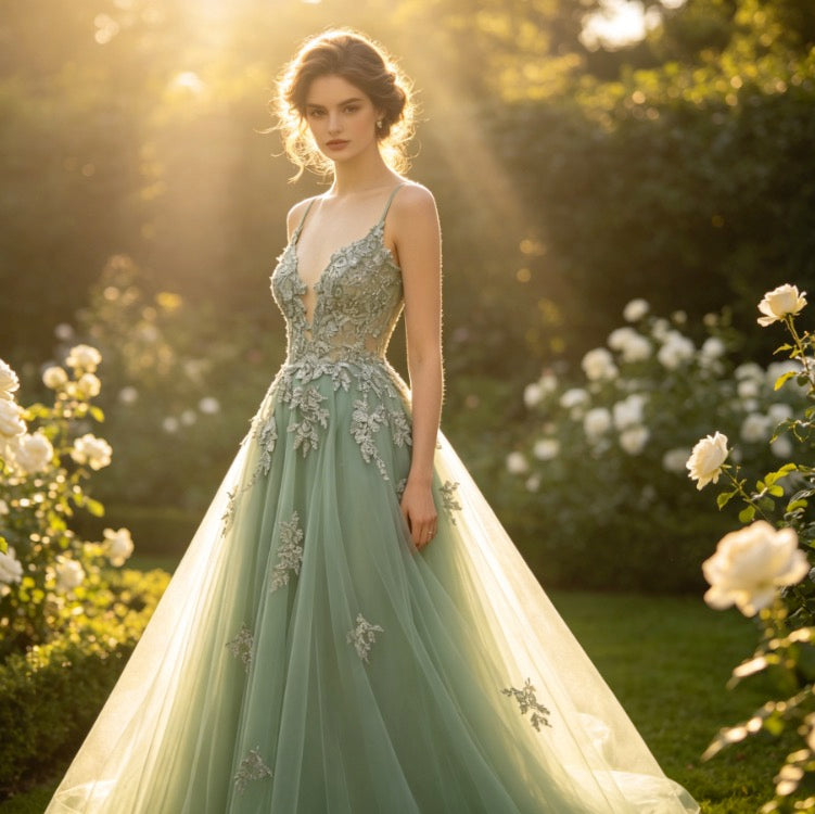 Elegantes Abendkleid in Salbeigrün mit glitzernder Spitze und tiefem V-Ausschnitt