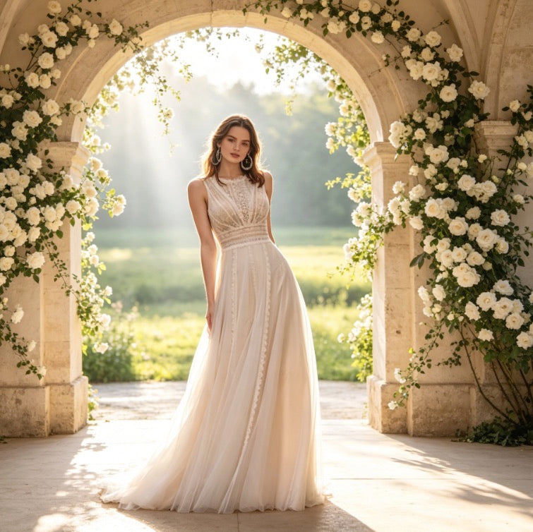 Edles Maxikleid in Elfenbein mit Boho-Spitze, Rundhals und fließender A-Linie