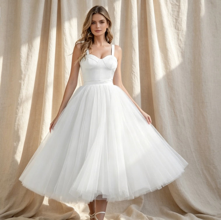 Elegantes Cocktailkleid in Weiß mit Herz-Ausschnitt, Satin-Mieder und Tüll-A-Linie