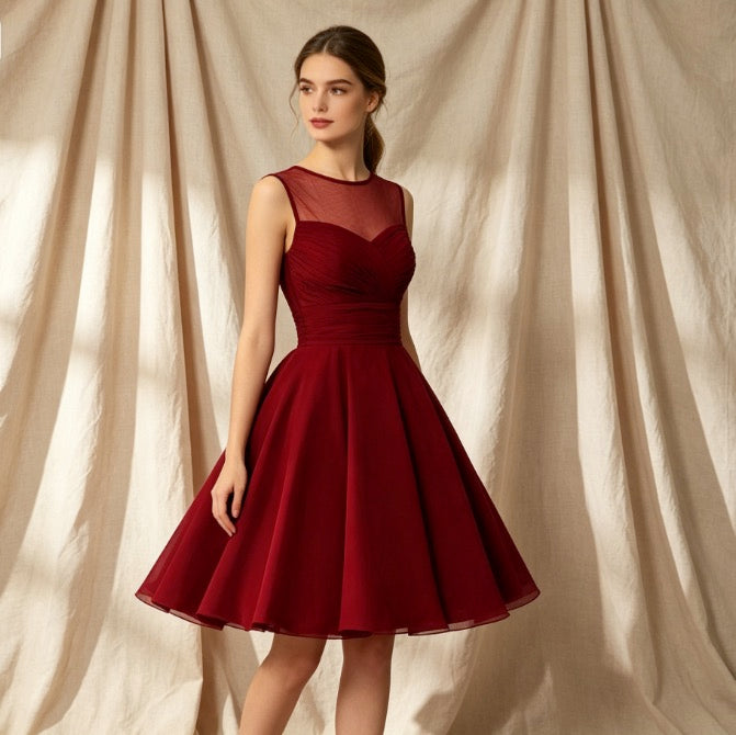 Elegantes Cocktailkleid in Dunkelrot mit Herz-Illusion-Ausschnitt und fließender A-Linie