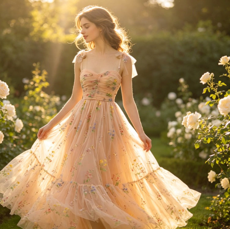 Romantisches Abendkleid in Apricot mit floraler Stickerei und Tüllstufen