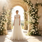 Edles Maxikleid in Elfenbein mit Stehkragen, Boho-Spitze und fließender A-Linie