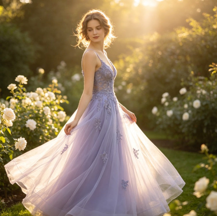 Luxuriöses Abendkleid in Flieder mit Pailletten-Spitze und tiefem V-Ausschnitt