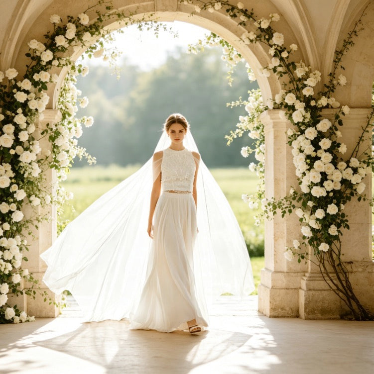 Elegantes Maxikleid in Elfenbein mit floraler Spitze, V-Ausschnitt und weiter A-Linie