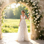 Elegantes Maxikleid in Elfenbein mit floraler Spitze, V-Ausschnitt und fließender A-Linie