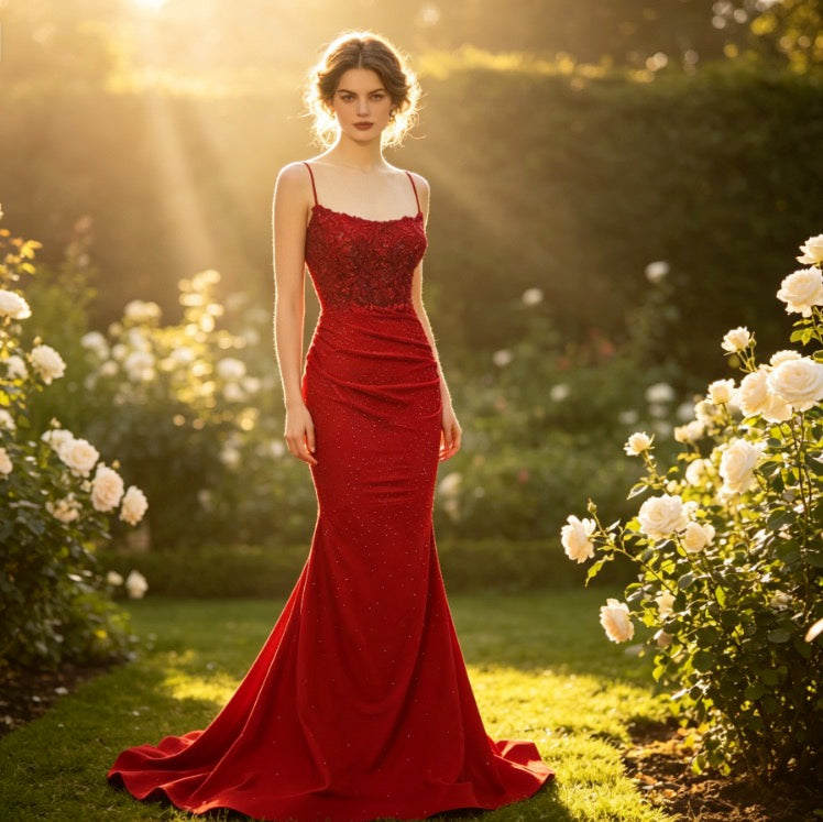 Atemberaubendes Abendkleid in Feuerrot mit Pailletten-Spitze und Mermaid-Schnitt