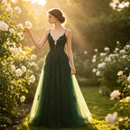 Luxuriöses Abendkleid in Dunkelgrün mit Pailletten, Spitze und tiefem V-Ausschnitt