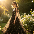 Elegantes schwarzes Abendkleid mit bunten Blumenstickereien und gestuftem Tüllrock