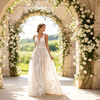 Elegantes Maxikleid in Elfenbein mit floraler Spitze, V-Ausschnitt und fließender A-Linie
