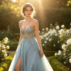 Glamouröses Abendkleid in Mintgrün mit silbernen Kristallen und Beinschlitz