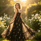 Elegantes schwarzes Abendkleid mit bunten Blumenstickereien und gestuftem Tüllrock